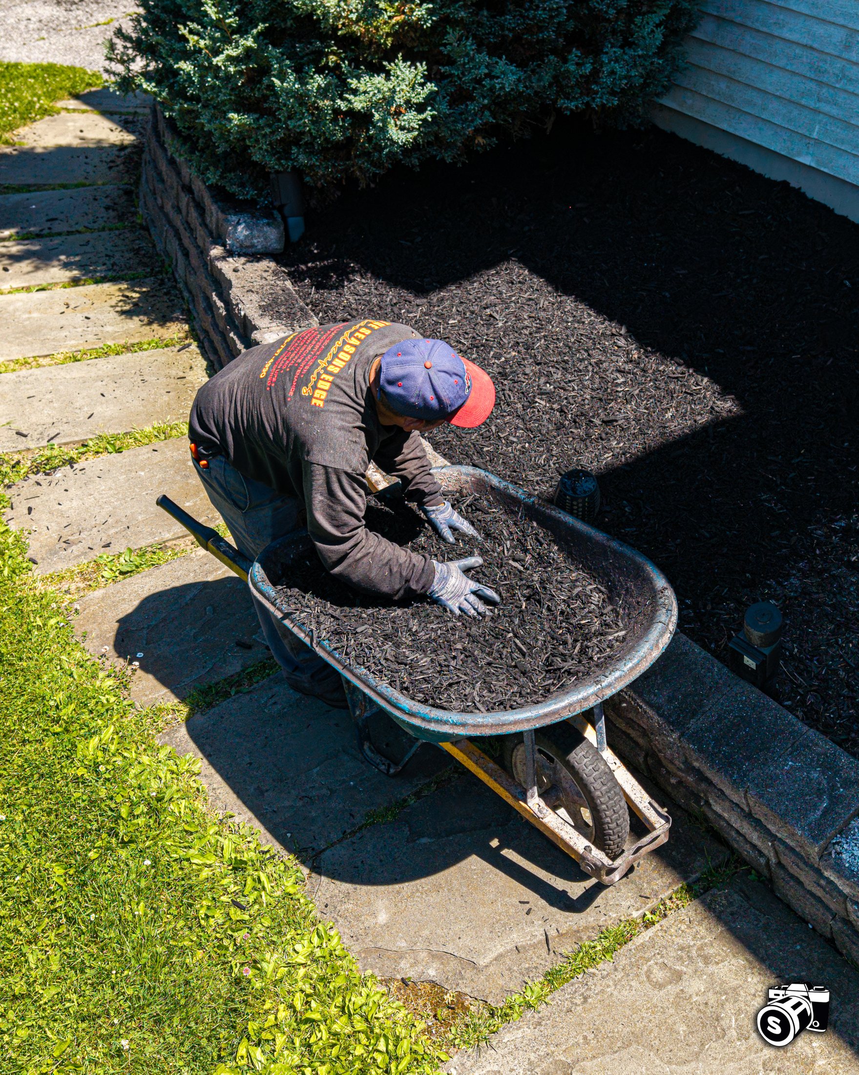 Crew spreading mulch in garden beds