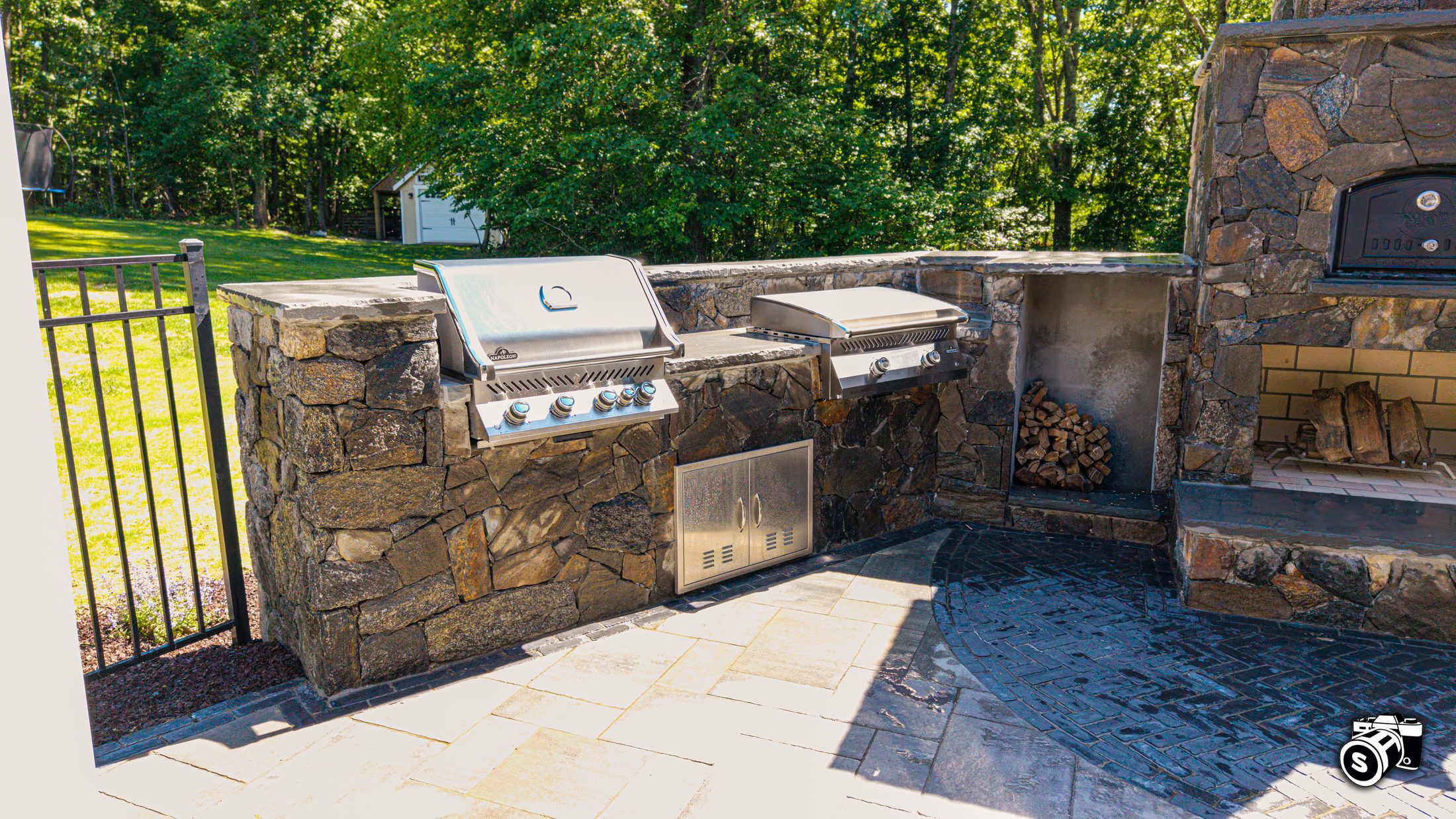 Top-down aerial of an outdoor kitchen patio
